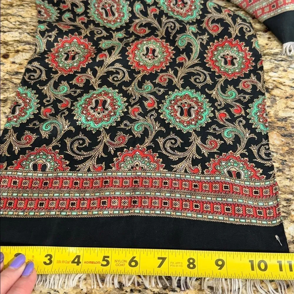 Vintage Hand Rolled Silk Feel Paisley Oblong Scarf Black Red 11 x 42